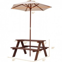 Kids Picnic Table Toddler Outdoor Wooden Table & Bench Set with Umbrella Children Patio Backyard Set Kids Rectangular Table a...