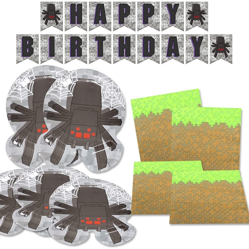 Pixel Spider Shaped Plate & Napkin Sets (37 Pieces for 16 Guests) - Gamer Party Supplies Gamer Birthday Decorations Mining Cr...