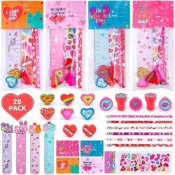 28 Pack Valentine's Day Gifts for Kids Girl Boy 280 Pcs Assorted Stationery Set Goodie Bags with Pencil Eraser Ruler Stamper ...