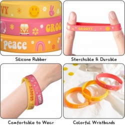 24Pcs Groovy Hippie?Boho?Silicone Wristbands Set Colorful Retro Daisy Flower Stretch Rubber Bracelets Rainbow Peace Birthday ...