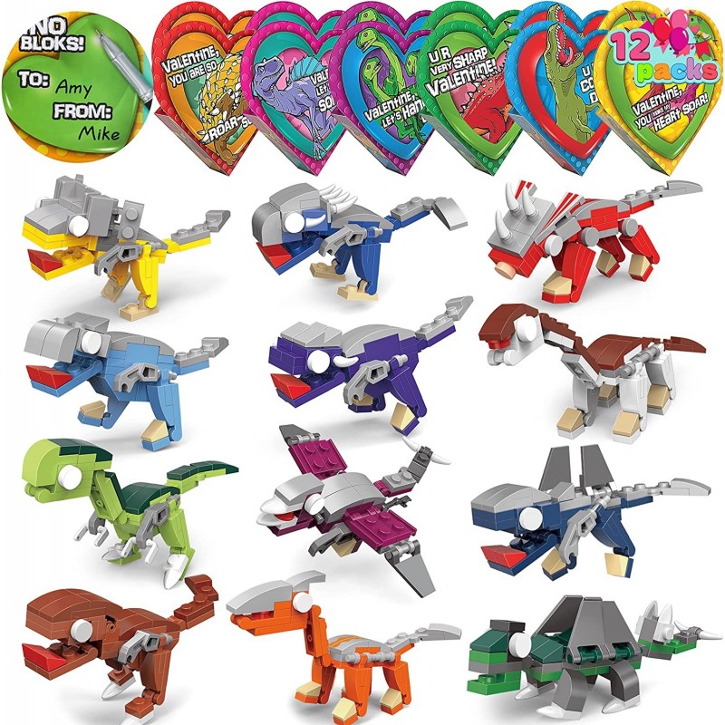 12 Packs Valentines Dinosaur Building Blocks Toys with Party Favors Heart Boxes for Valentine Kids Classroom Exchange Prize S...