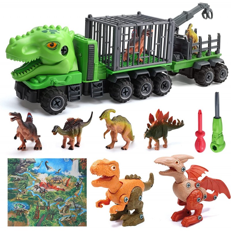 DIY Building Dinosaur Toys for Kids Take Apart Dinosaur Transport Truck with Playmat 2 Dinosaur Toy 4 Dino Figures 2 Tools Di...