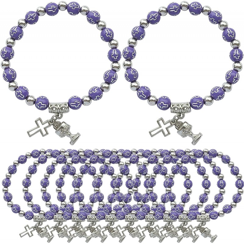 12 PCS First Communion Party Favor Purple Wooden Beads Bracelets with Silver Metal Chalice Cross Charms/Recuerdos para Primer...