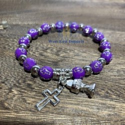 12 PCS First Communion Party Favor Purple Wooden Beads Bracelets with Silver Metal Chalice Cross Charms/Recuerdos para Primer...