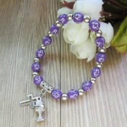 12 PCS First Communion Party Favor Purple Wooden Beads Bracelets with Silver Metal Chalice Cross Charms/Recuerdos para Primer...