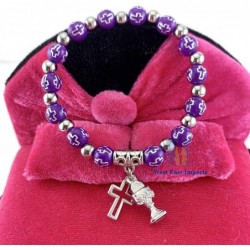 12 PCS First Communion Party Favor Purple Wooden Beads Bracelets with Silver Metal Chalice Cross Charms/Recuerdos para Primer...