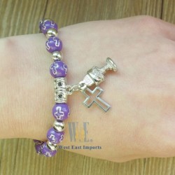 12 PCS First Communion Party Favor Purple Wooden Beads Bracelets with Silver Metal Chalice Cross Charms/Recuerdos para Primer...