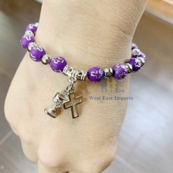 12 PCS First Communion Party Favor Purple Wooden Beads Bracelets with Silver Metal Chalice Cross Charms/Recuerdos para Primer...