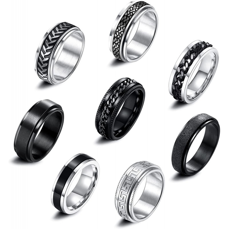 8Pcs Fidget Rings for Anxiety Teens Men Women Black Stainles Steel Spinning Rings 8mm 6mm Wide Spinner Anti Anxiety Band Ring...