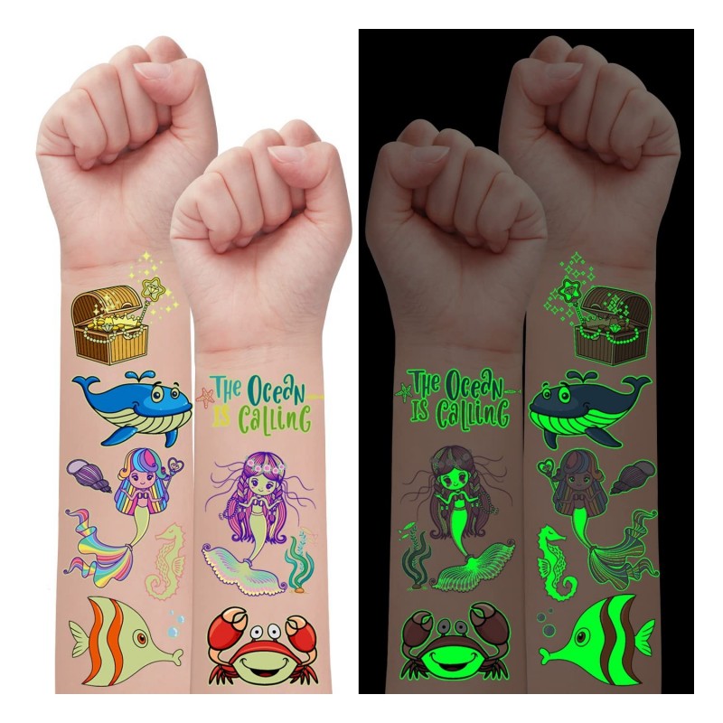 38 Luminous Styles - Mermaid Party Supplies Glow Mermaid Temporary Tattoos for Girls Kids Mermaid Birthday Party Decorations ...