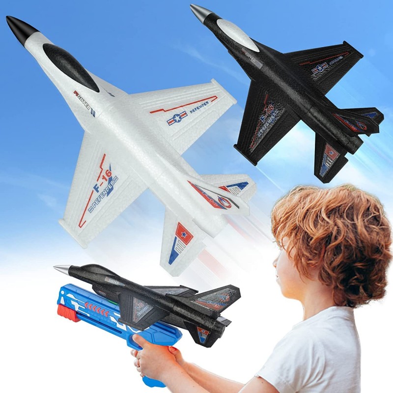 2 Pack Airplane Launcher Toys 13.5" F-16 Foam Airplane 2 Ways to Play Catapult Plane Toy for Boys Outdoor Flying Toy Christma...