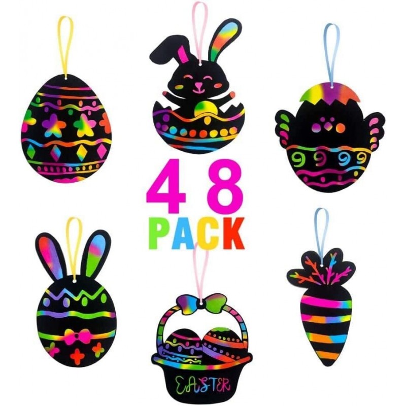 Easter Basket Stuffers - Easter Crafts Kit for Kids - Rainbow Scratch Art (Makes 48 Ornaments) - Bunny Eggs Chicken Decoratio...