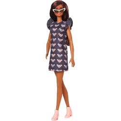 Fashionistas Doll 140 with Long Brunette Hair Wearing Mouse-Print Dress Pink Booties & Sunglasses Toy for Kids 3 to 8 Years O...