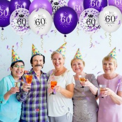 60th Purple Birthday Balloons Decorations 16 PCS Purple White Confetti Latex Balloons for Women Men Happy Birthday Party Wedd...