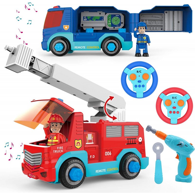 JOYIN Remote Control Take Apart Fire Truck & Police Car Fire Trucks for Boys with Built-in Lights and Sounds & Drill STEM Ass...