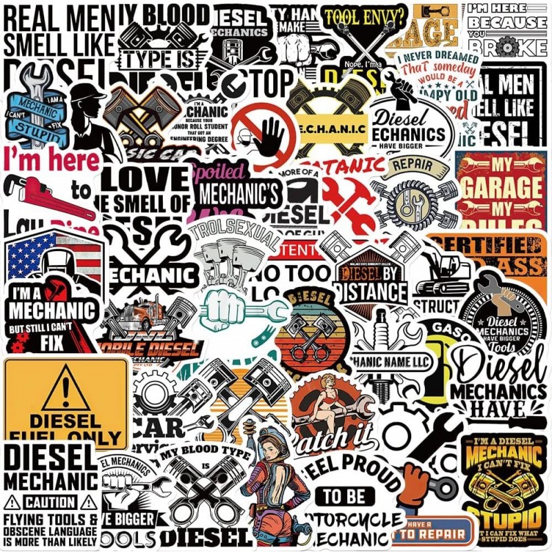 50pcs Diesel Mechanic Stickers Tool Box Sticker Helmet Stickers Funny Decals for Worker Construction Electrician Laptop Lugga...