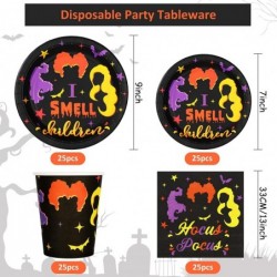 100Pcs Halloween Tableware Set Hocus Pocus Disposable Dinnerware Set 50Pcs Paper Plates 25Pcs Napkin 25Pcs Cups for Halloween...