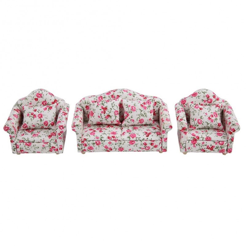 Doll House Sofa 1/12 Scale Miniature Flower Pattern Sofa Cushion Set Doll House Furniture Accessory Living Room Decor for Dol...