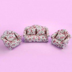 Doll House Sofa 1/12 Scale Miniature Flower Pattern Sofa Cushion Set Doll House Furniture Accessory Living Room Decor for Dol...