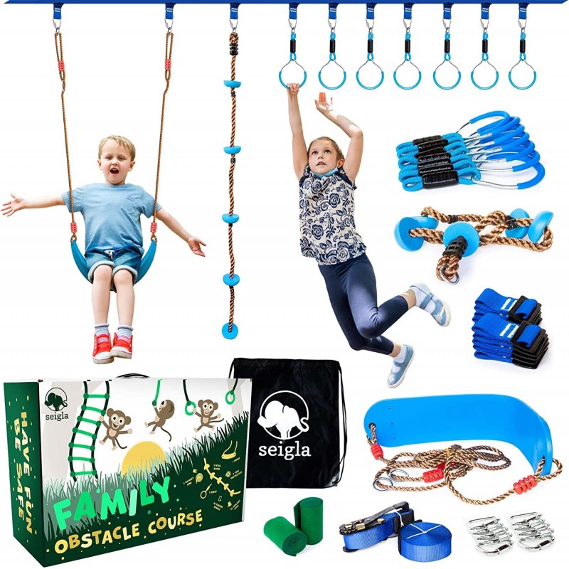 Ninja Warrior Obstacle Course for Kids & Adults | Portable 10 Piece Set with 50’ Slack Line & Monkey Bars for Backyard | Cust...