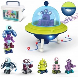 Kid Magnetic Walking Musical Space Toy with 35PCS Stacking Blocks Building Robot Storage Box STEM Educational Electronic Flyi...