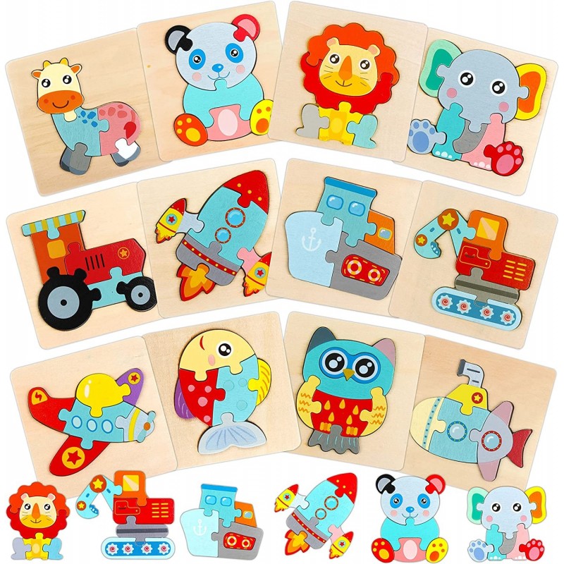 PuzzleToys for 1 2 3 Year Old Boys Girls 12 Pack Wooden Toddler Puzzles Animal Shape Jigsaw Building Toy Educational Learning...