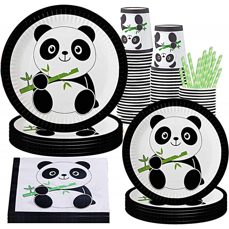 Panda Party Supplies Panda Tableware Set Including Panda Paper Plates Cups Napkins Straws for Panda Birthday Wediing Baby Sho...