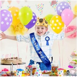 4 Pieces Birthday Boy Party Accessory Set Birthday King Crown Birthday Boy Sash and Button Pins Happy Birthday Banner for Boy...