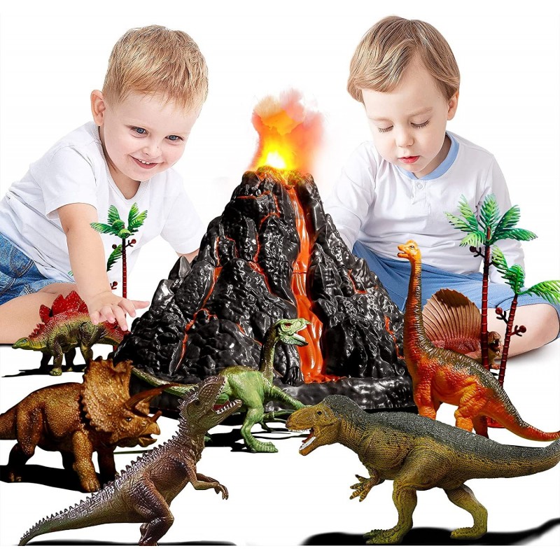 9 Pack Realistic Dinosaur Toys Action Figures for Kids 3 4 5 6 Years Large Volcano Toy Set with Simulated Volcanic Eruptions ...