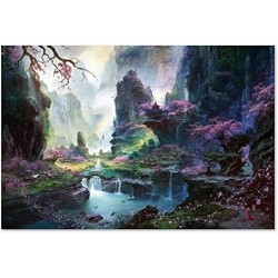 Queenie® 1000 Piece Nostalgic Antiquity Mountains Waterfall Water Flow Creek Stream Bridge Landscape Abstract Oil Painting Ph...