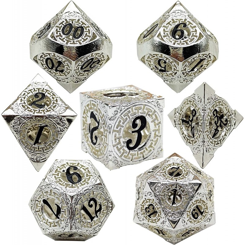 Metal Dice Set 7pcs DND - Table Game RPG Hollow Dice Silver and Black with Metal Gift Box Suitable for Dungeon and Dragon D&D...