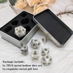 Metal Dice Set 7pcs DND - Table Game RPG Hollow Dice Silver and Black with Metal Gift Box Suitable for Dungeon and Dragon D&D...