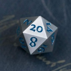 Extra Large Solid Metal Silver D20 Dice 20 face with Blue Numbers Extra Heavy DND Dice Pathfinder Call of Cthulu Standard Dic...