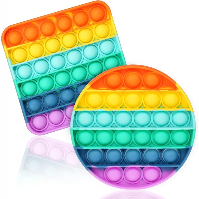 2-Pack Rainbow Circle & Square Push Bubble Fidget Sensory Toys with Popping Sound for Kids Boys Girls BPA-Free Silicone Anxie...