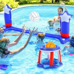 Large Pool Volleyball Set Pool Volleyball Net & Pool Basketball Hoops with 2 Beach Balls Pool Games for Family and Adults Ame...