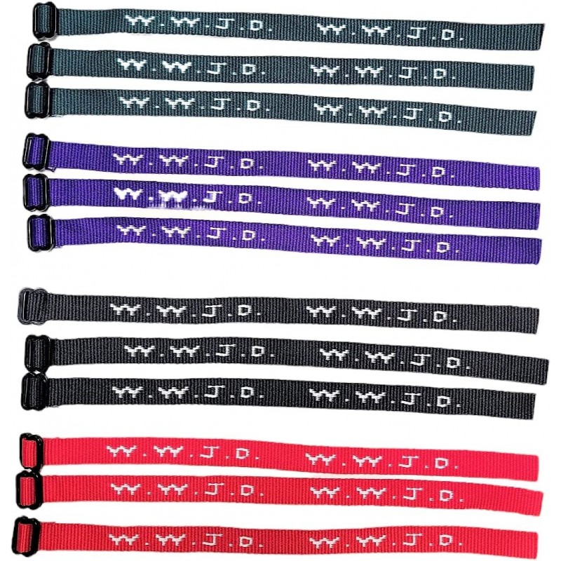 Colorful W.W.J.D. Webbing Bracelets (12 Pack) (“What would Jesus do?”) Colors: black army green purple bright red Religious C...