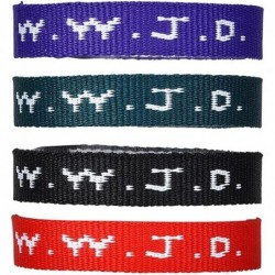 Colorful W.W.J.D. Webbing Bracelets (12 Pack) (“What would Jesus do?”) Colors: black army green purple bright red Religious C...