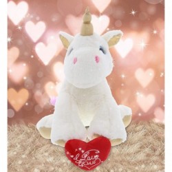 I Love You Plush White and Gold Unicorn – Cute Stuffed Animal with Red Heart and Name Personalization for Valentine Anniversa...