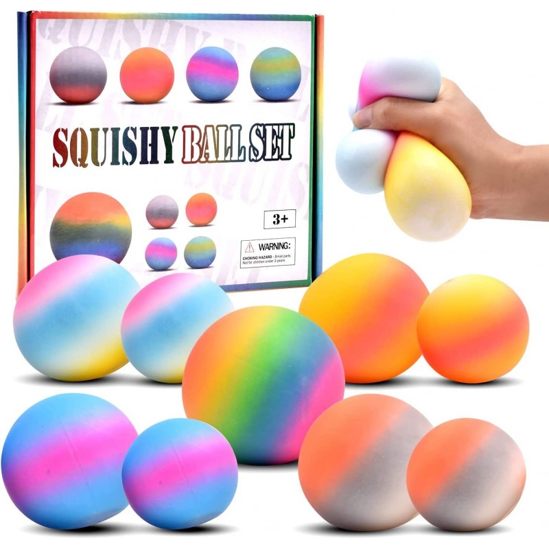 Rainbow Squeeze Dough Balls Sensory Stress and Anxiety 9 Pcs Relief Stress Squishy Balls Fidget Toys(1Jumbo 4 Large and 4 Mid...