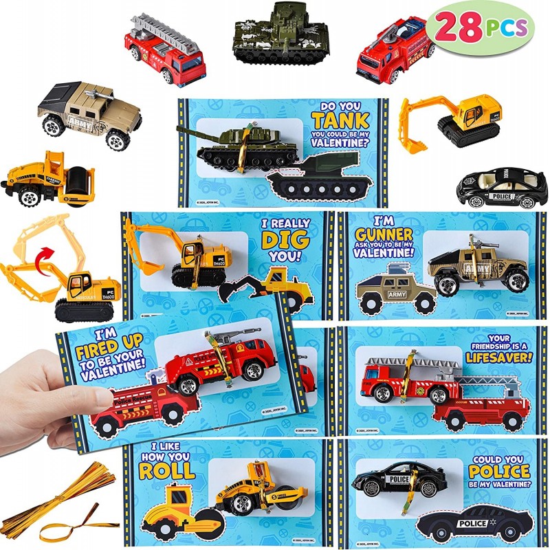 28 Packs Valentines Day Cards with DieCast City Vehicles Toys for Kids Valentine Party Favor Classroom Exchange Prize and Gif...