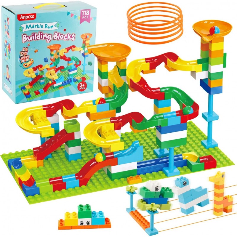 Marble Run Building Blocks Classic Big Blocks for Kids STEM Toy Bricks Set Marble Maze Building Toys Compatible with All Majo...