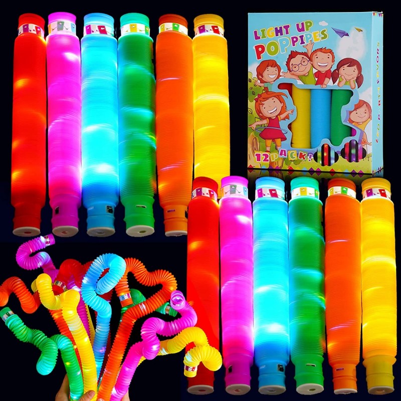 Light Up Glow Sticks Party Favors for Kids 12 Pack Pop LED Fidget Tubes Valentines Day Gifts Classroom Prizes Glow in The Dar...