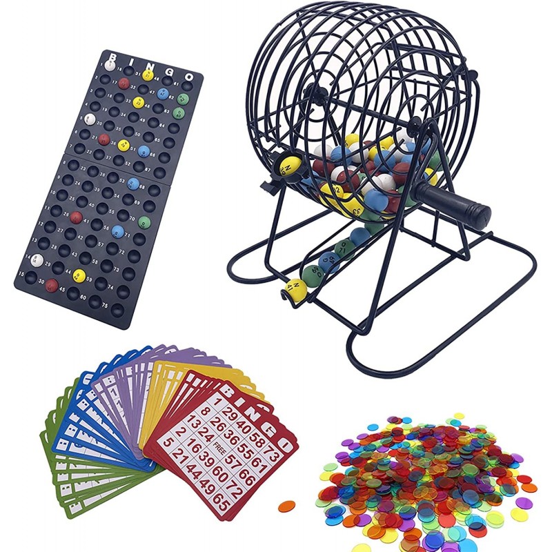 Deluxe Bingo Game Set with 6 Inch Bingo Cage Bingo Master Board 75 Colored Balls with a Bag 50 Bingo Cards and 500 6 Color Mi...