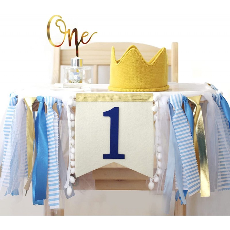 Baby Boy 1st Birthday Party Decorations Blue and Gold set Ribbon High Chair Banner Birthday crown hat Gold Cake Topper $30.85...