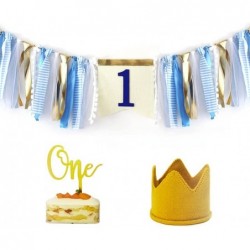 Baby Boy 1st Birthday Party Decorations Blue and Gold set Ribbon High Chair Banner Birthday crown hat Gold Cake Topper $30.85...