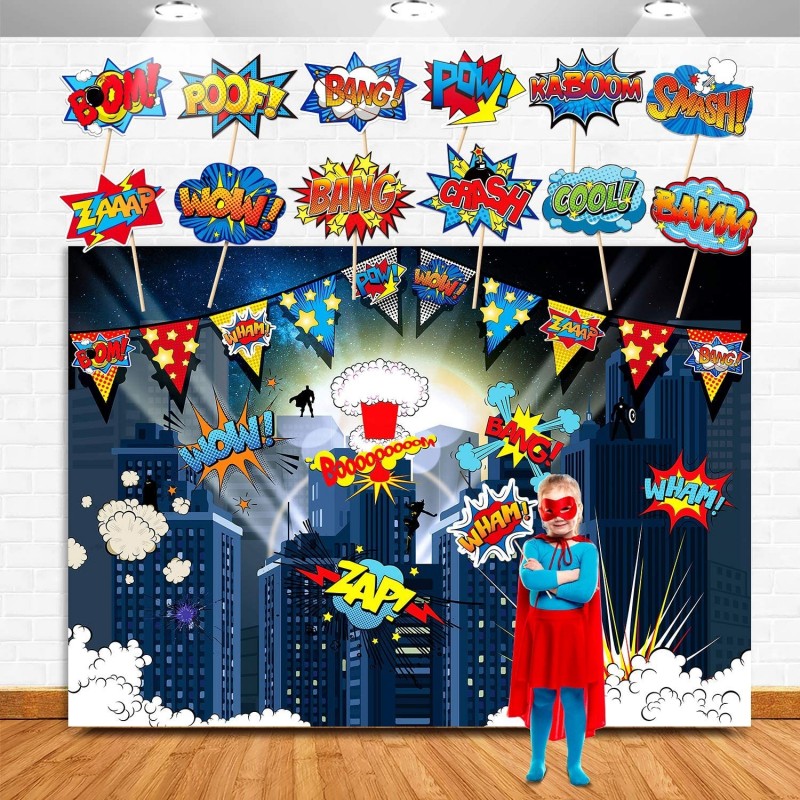 Superhero Birthday Party Backdrop Supplies- Superhero Cityscape Photography Backdrop 12 Superhero Photo Booth Props for Kids ...