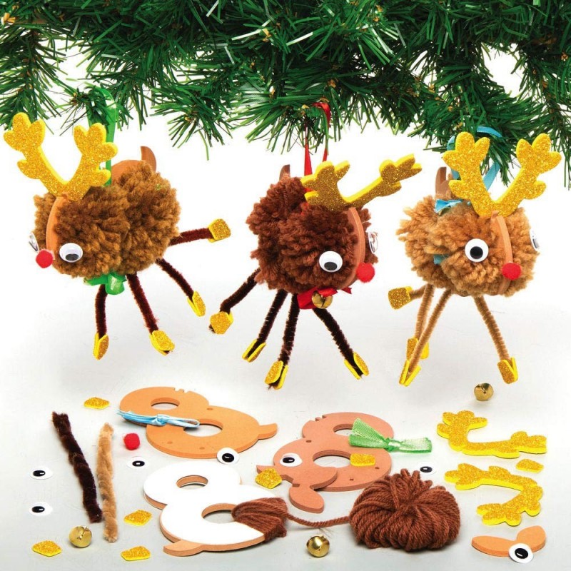 AX316 Festive Reindeer Pom Pom Tree Decoration Kits - Pack of 3 Homemade Christmas Ornaments for Kids Arts and Crafting Activ...