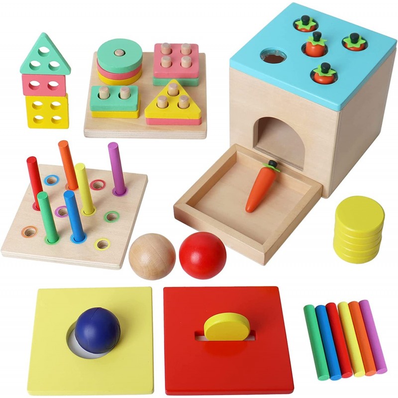 5-in-1 Wooden Montessori Toy for 1+ Year Old Shape Sorter Object Permanence Box Coin Box Carrot Harvest - Toddler Learning To...