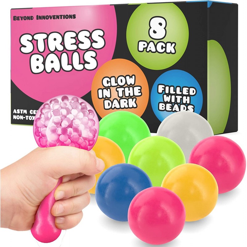 Sticky Stress Balls - Fidget Pack of 8 - Squishy Glow in The Dark Sensory Ball Stress Toys - Sticks to Ceiling and Wall - Str...