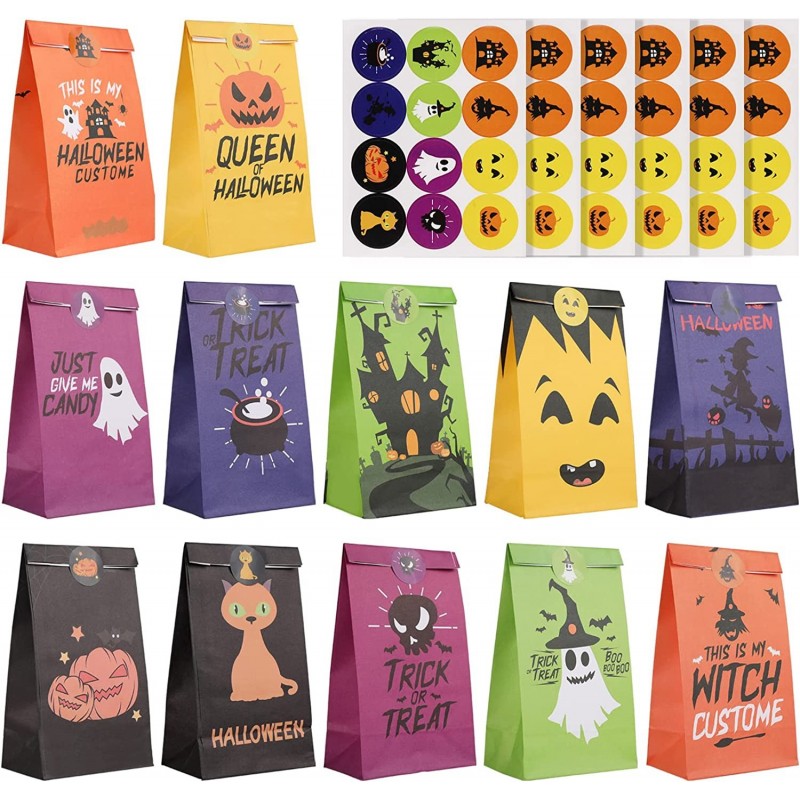 60 Pack Halloween Treat Bags 7.2x3.9x2.4 inches + 72 Pack Stickers 12 Varied Designs Mini Paper Halloween Candy Bags for Hall...